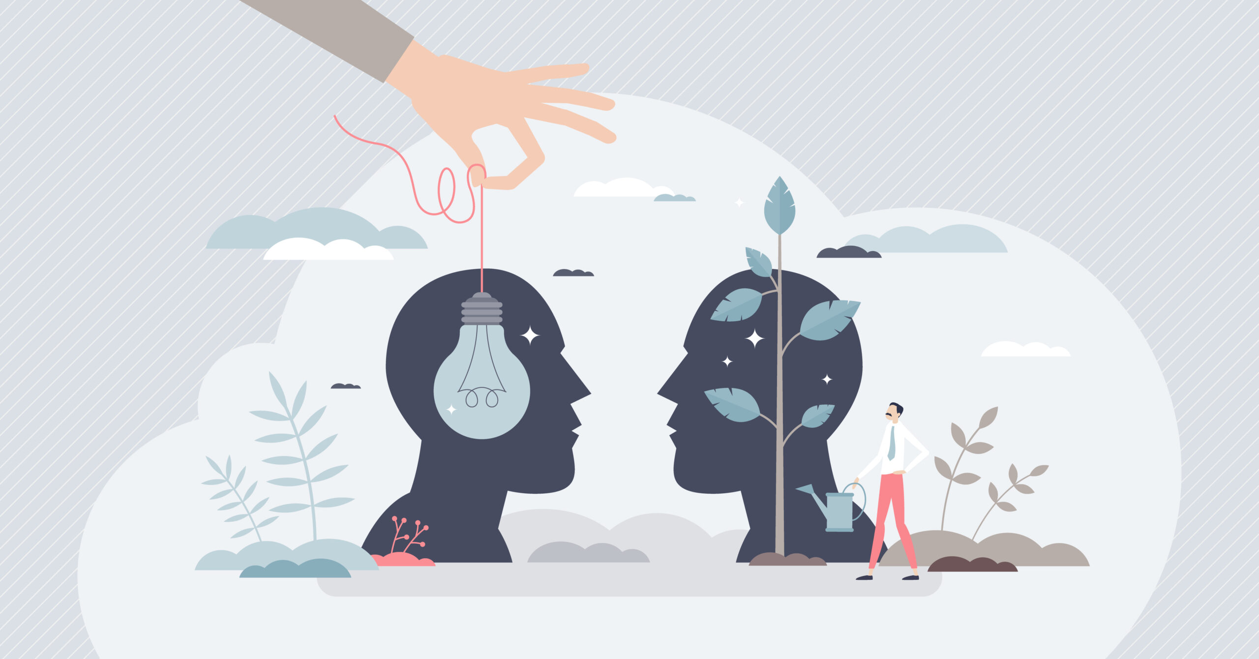 coaching from mentor for personal development tiny person concept. Skills growth using guidance and coaching to implement idea in employee head vector illustration